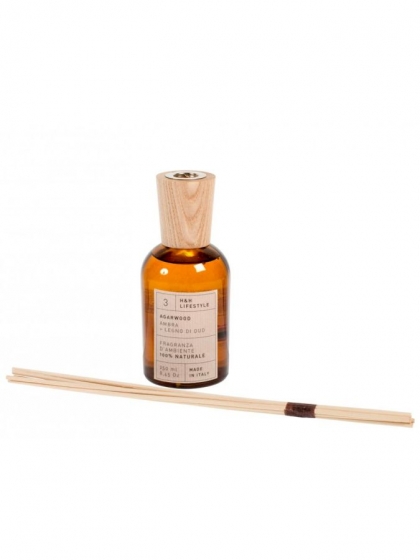 H&H, Diffusore ambiente con bastoncini Ambra + Legno di Oud 250 ml